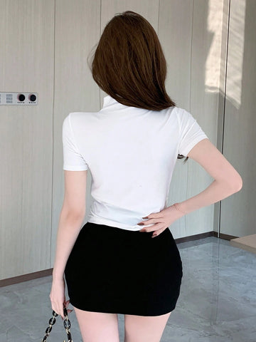 DAZY Women's Solid Color Stand Collar Slim Fit Stylish Short Sleeve T-Shirt