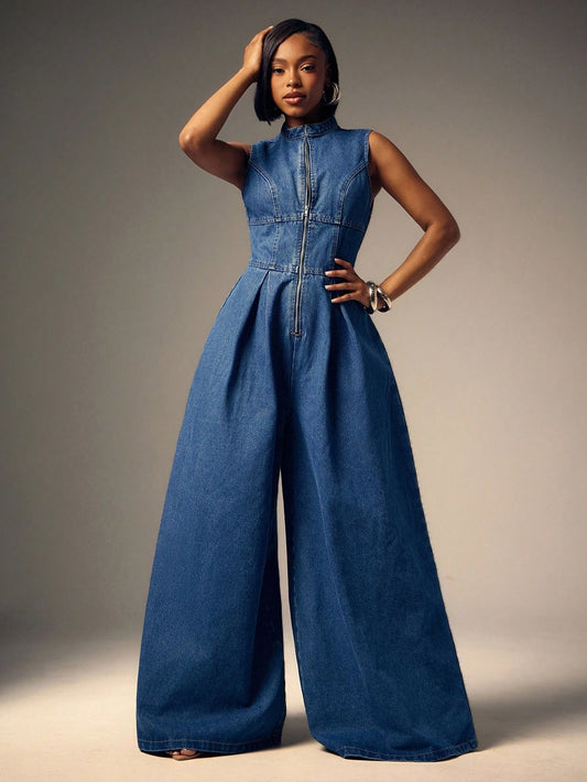 Sleeveless Zip Front Wide Leg Denim Jumpsuit
