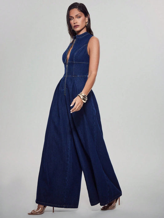 Sleeveless Zip Front Wide Leg Denim Jumpsuit