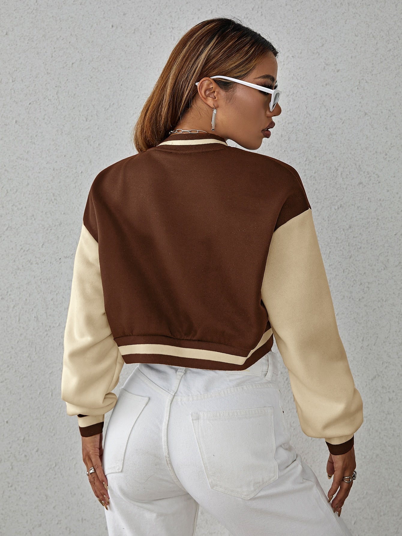 Drop Shoulder Two Tone Crop Bomber Jacket