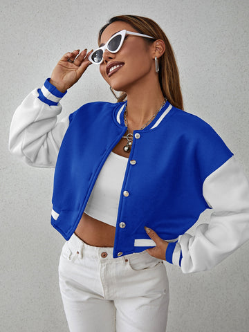 Drop Shoulder Two Tone Crop Bomber Jacket