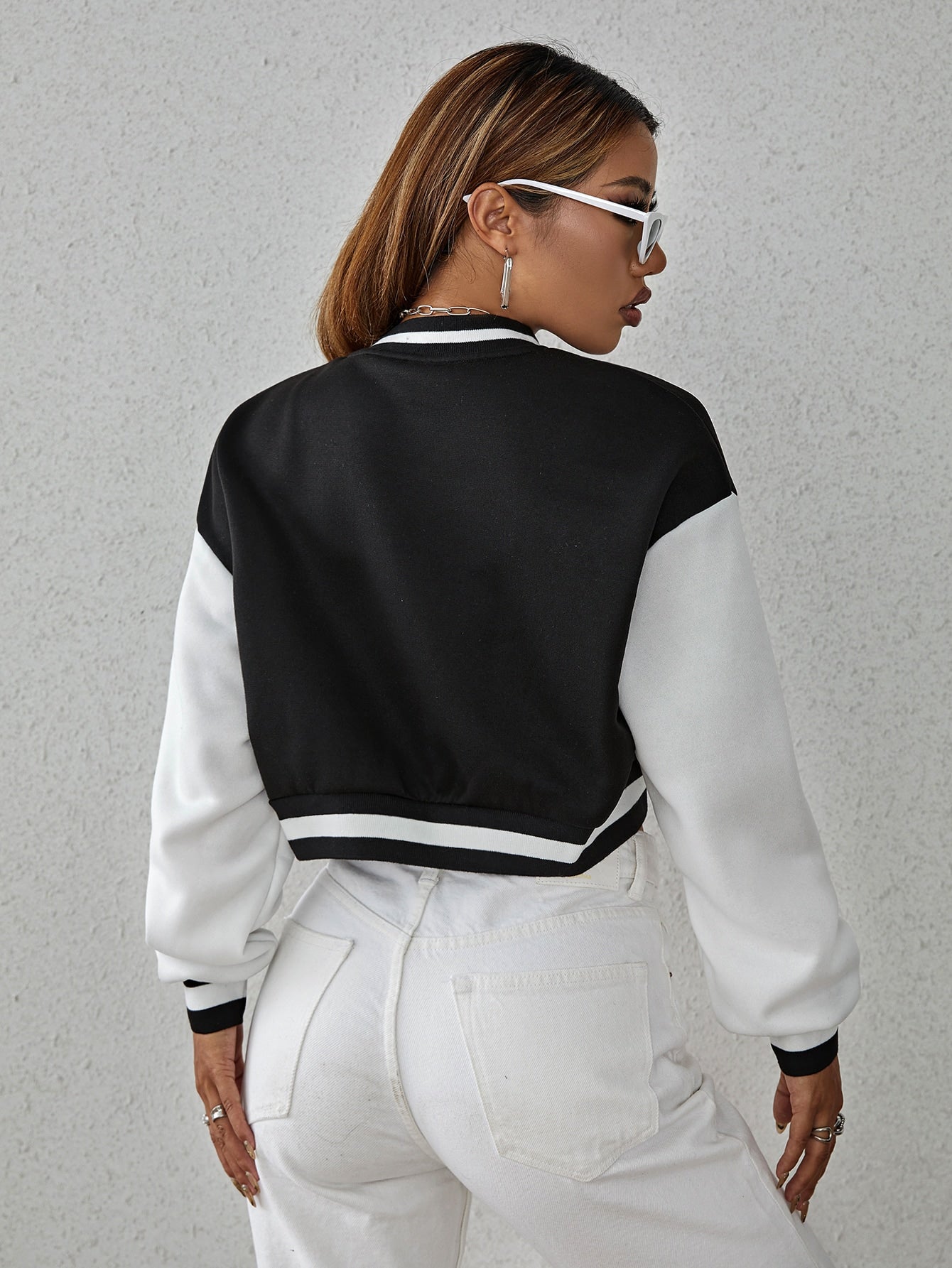 Drop Shoulder Two Tone Crop Bomber Jacket