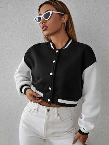 Drop Shoulder Two Tone Crop Bomber Jacket