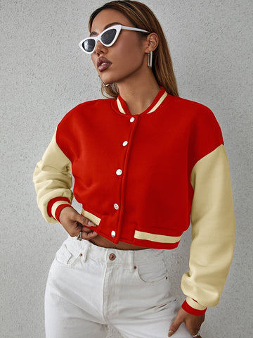 Drop Shoulder Two Tone Crop Bomber Jacket