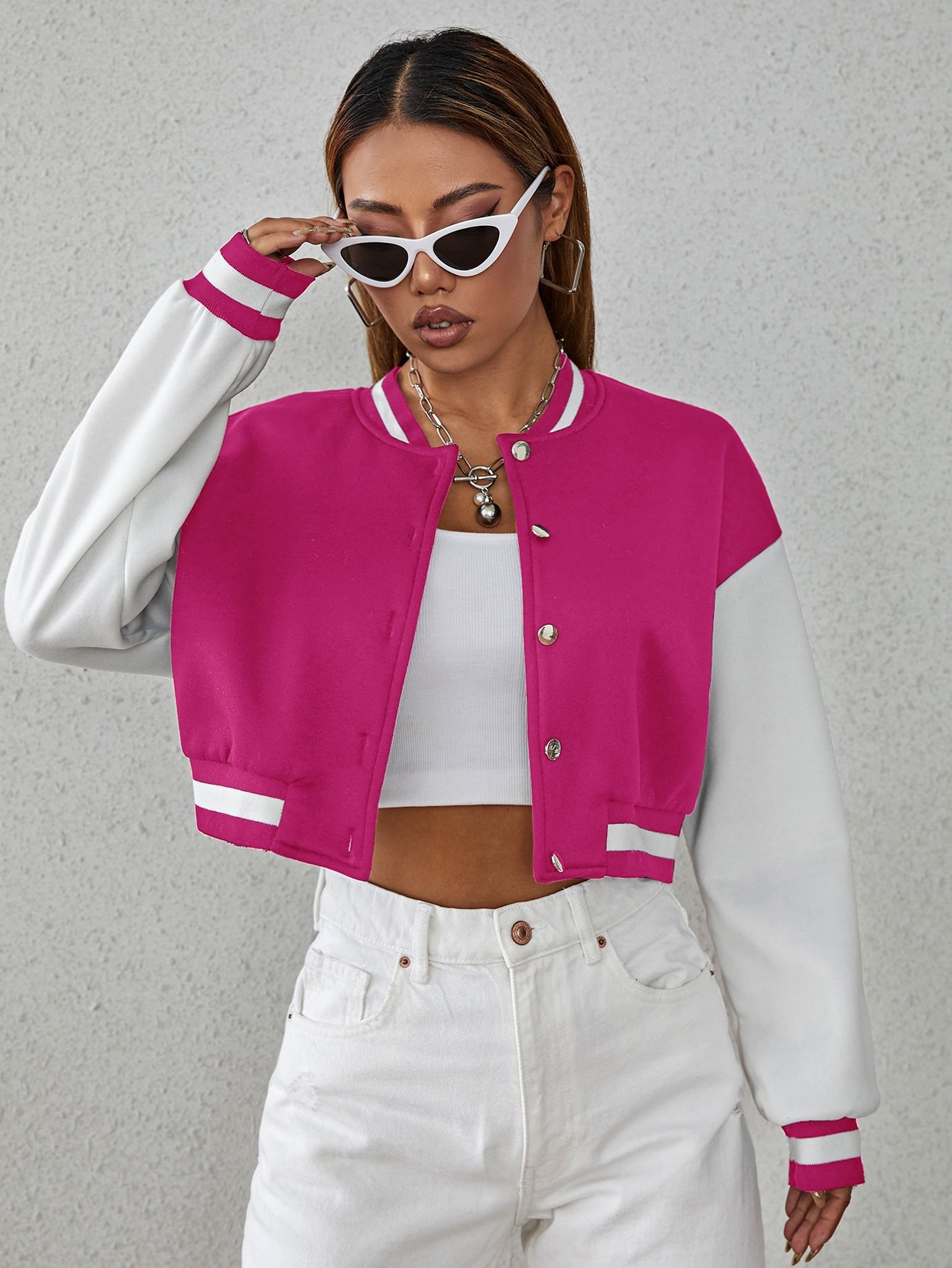 Drop Shoulder Two Tone Crop Bomber Jacket