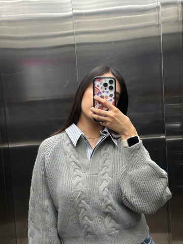 Cable Knit Collar Two Tone Long Sleeve Top