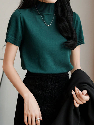 Women's Striped Mock Neck Fitted Pullover Short Sleeve Casual Knit Top