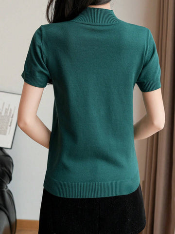 Women's Striped Mock Neck Fitted Pullover Short Sleeve Casual Knit Top