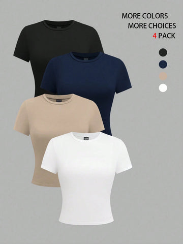 EMERY ROSE 4pcs Women Solid Color Crop Fitted Crew Neck Short Sleeve T-Shirts
