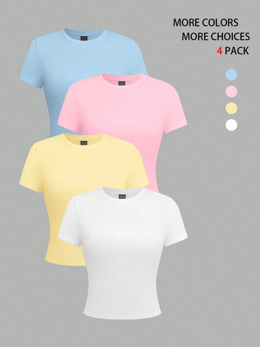 EMERY ROSE 4pcs Women Solid Color Crop Fitted Crew Neck Short Sleeve T-Shirts