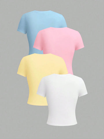 EMERY ROSE 4pcs Women Solid Color Crop Fitted Crew Neck Short Sleeve T-Shirts