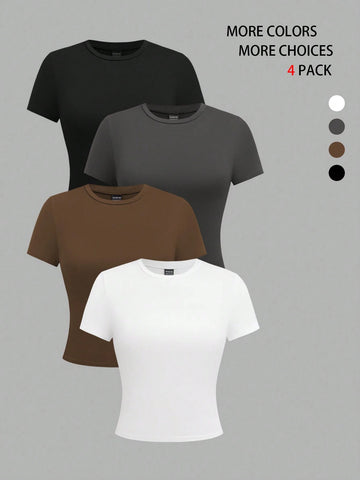 EMERY ROSE 4pcs Women Solid Color Crop Fitted Crew Neck Short Sleeve T-Shirts