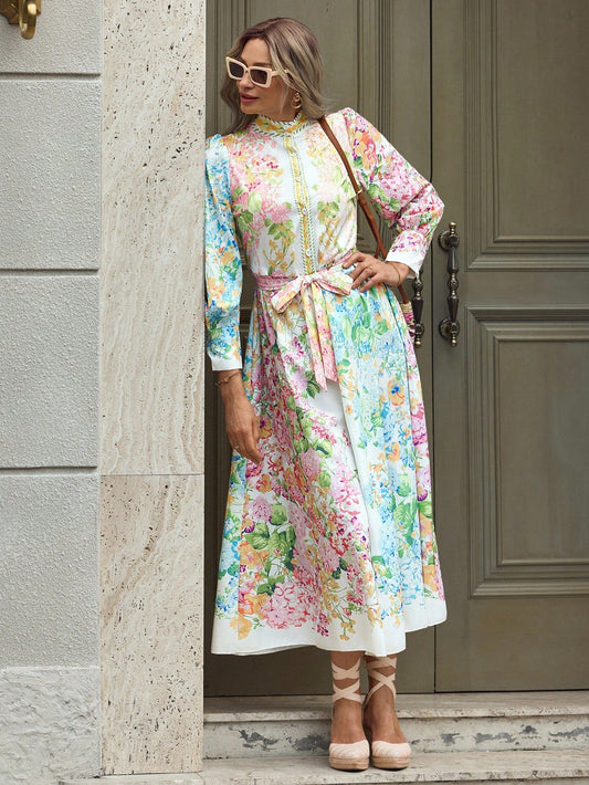French Elegant Floral Print Puff Sleeve Stand Collar Button Down Waist Dress