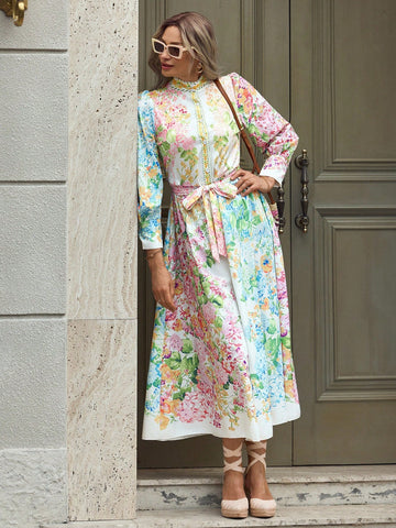 French Elegant Floral Print Puff Sleeve Stand Collar Button Down Waist Dress