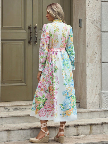 French Elegant Floral Print Puff Sleeve Stand Collar Button Down Waist Dress