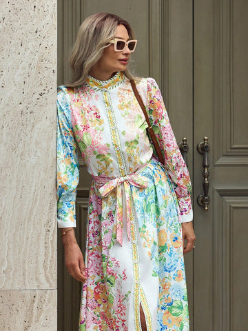 French Elegant Floral Print Puff Sleeve Stand Collar Button Down Waist Dress