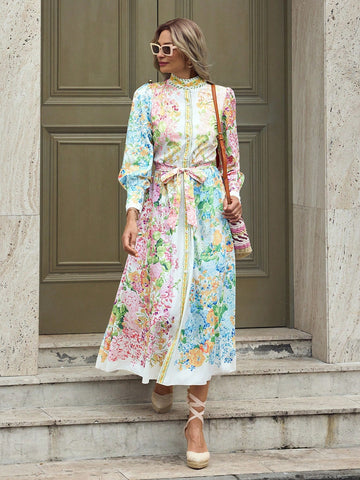 French Elegant Floral Print Puff Sleeve Stand Collar Button Down Waist Dress