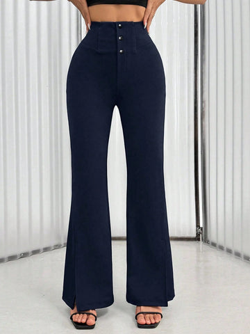 Women's Solid Color Waist Button Front Flare Leg Elegant Pants