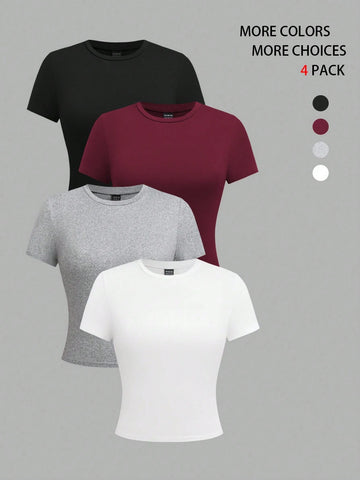 EMERY ROSE 4pcs Women Solid Color Crop Fitted Crew Neck Short Sleeve T-Shirts