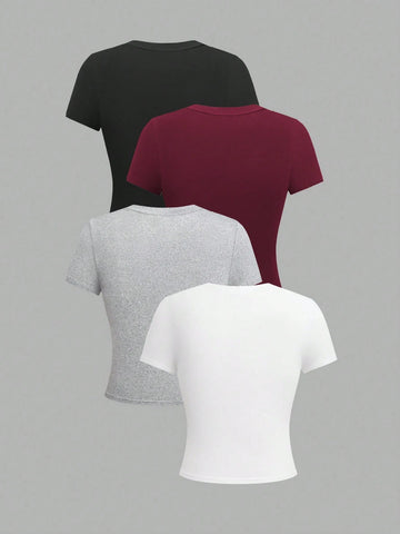 EMERY ROSE 4pcs Women Solid Color Crop Fitted Crew Neck Short Sleeve T-Shirts