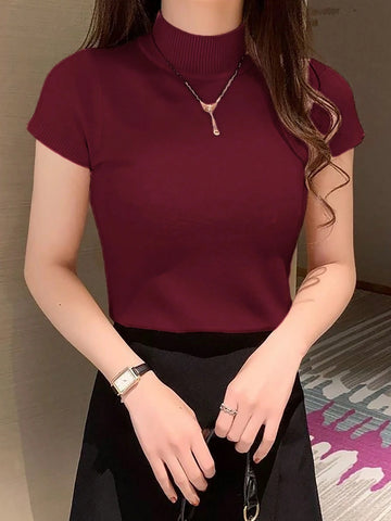 Women's Striped Mock Neck Fitted Pullover Short Sleeve Casual Knit Top