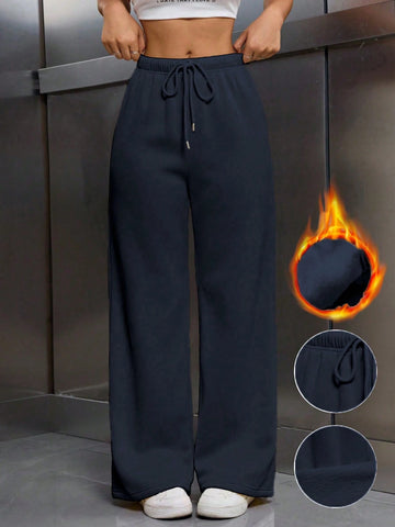 Women's Beige Thermal Lined Elastic Waist Drawstring Loose Pants