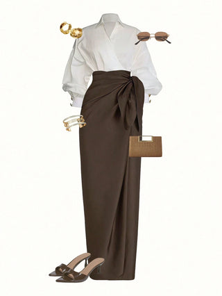 Wrap Long Sleeve Top And Tie-Waist Skirt