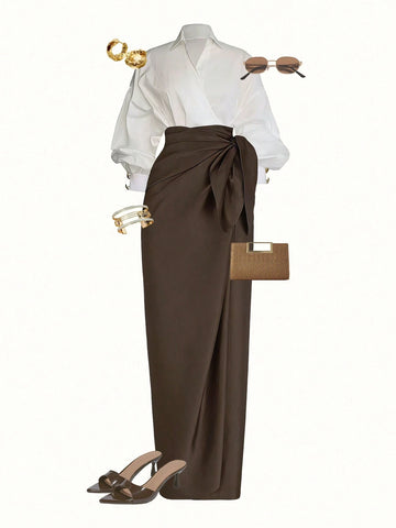 Wrap Long Sleeve Top And Tie-Waist Skirt