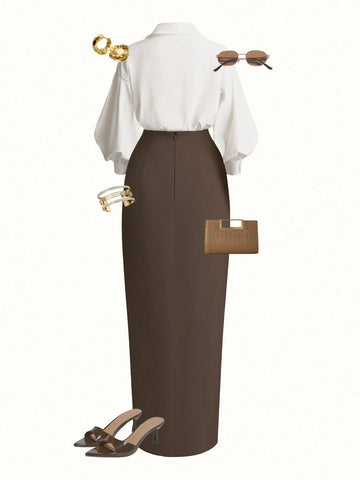Wrap Long Sleeve Top And Tie-Waist Skirt