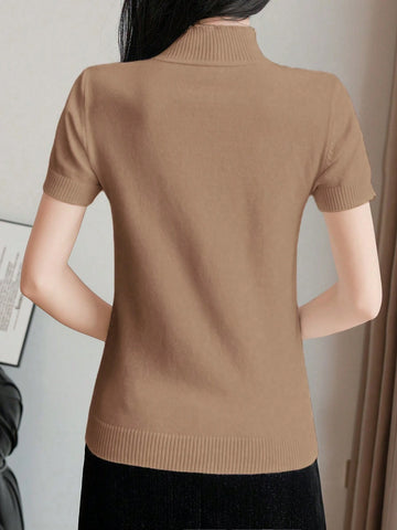 Women's Striped Mock Neck Fitted Pullover Short Sleeve Casual Knit Top