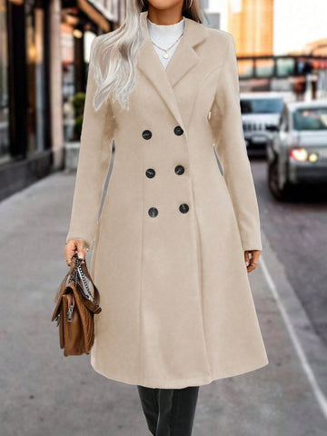 Solid Color Lapel Double-Breasted Woolen Coat