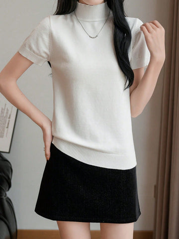 Women's Striped Mock Neck Fitted Pullover Short Sleeve Casual Knit Top