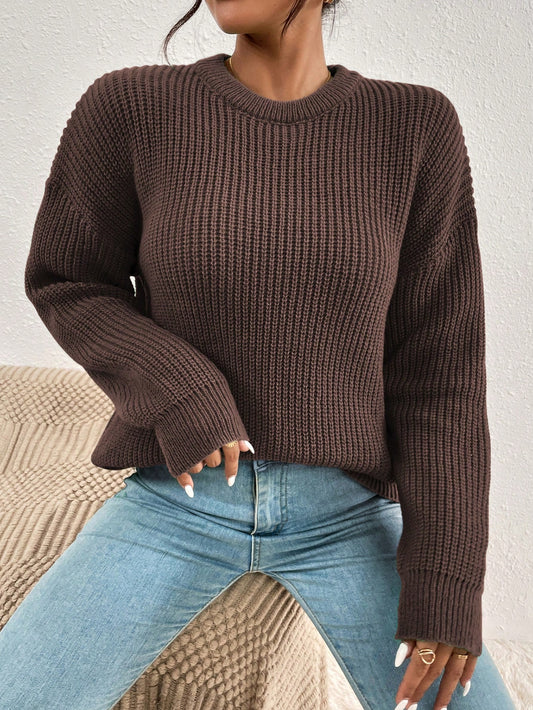 Women's Solid Color Round Neck Drop Shoulder Long Sleeve Casual Loose Pullover Sweater