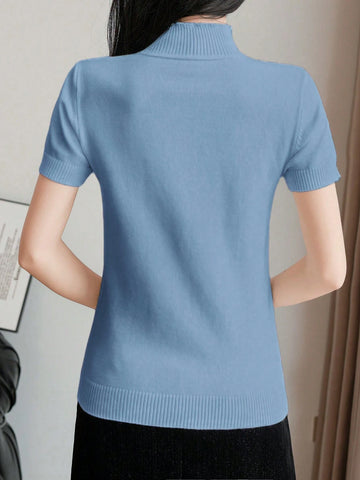 Women's Striped Mock Neck Fitted Pullover Short Sleeve Casual Knit Top