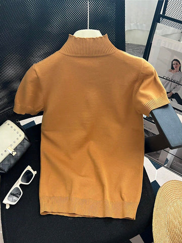 Women's Striped Mock Neck Fitted Pullover Short Sleeve Casual Knit Top