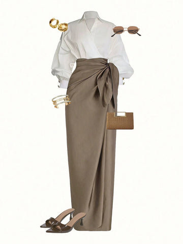 Wrap Long Sleeve Top And Tie-Waist Skirt