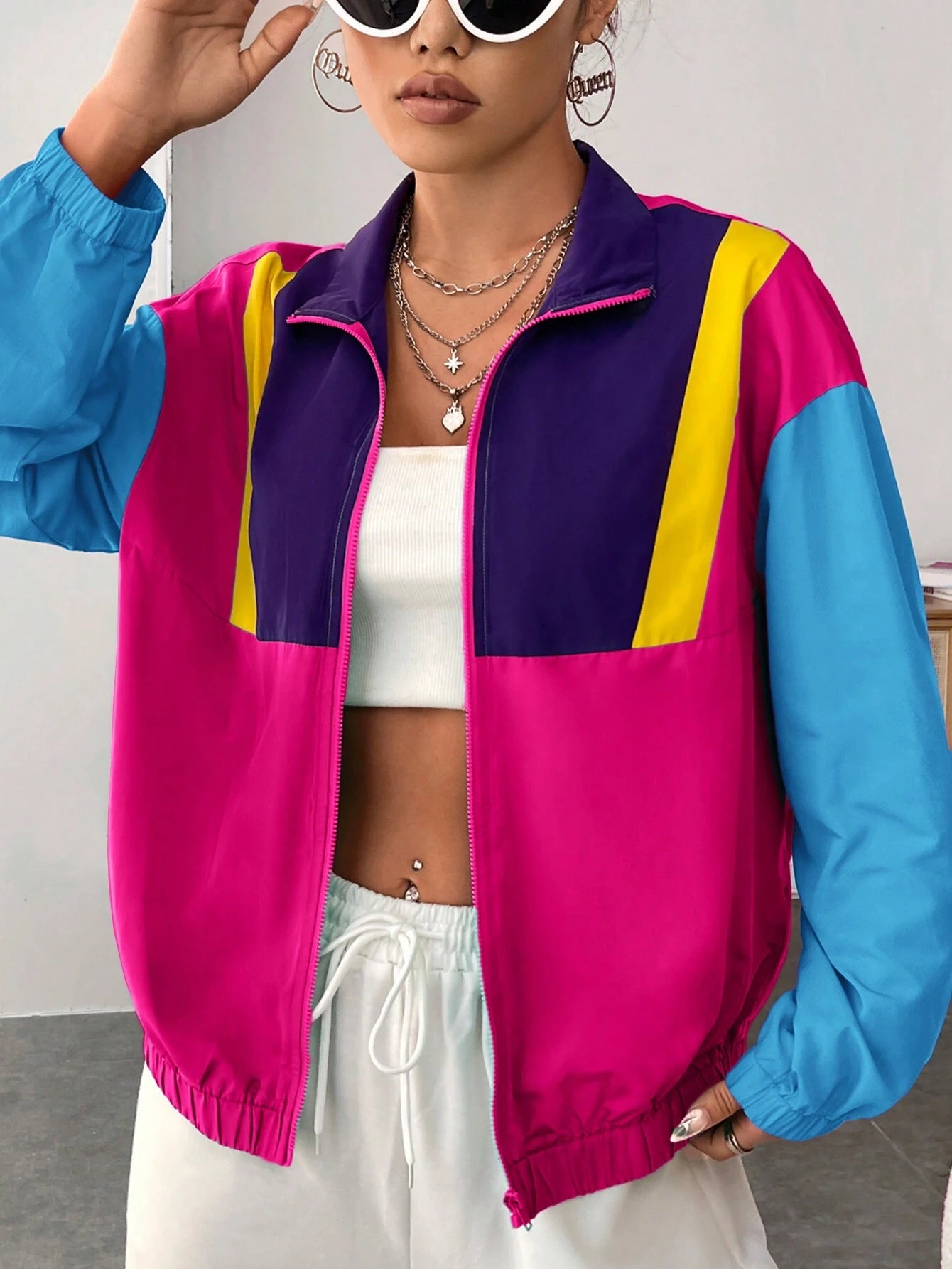 EZwear Colorblock Zip Up Drop Shoulder Jacket