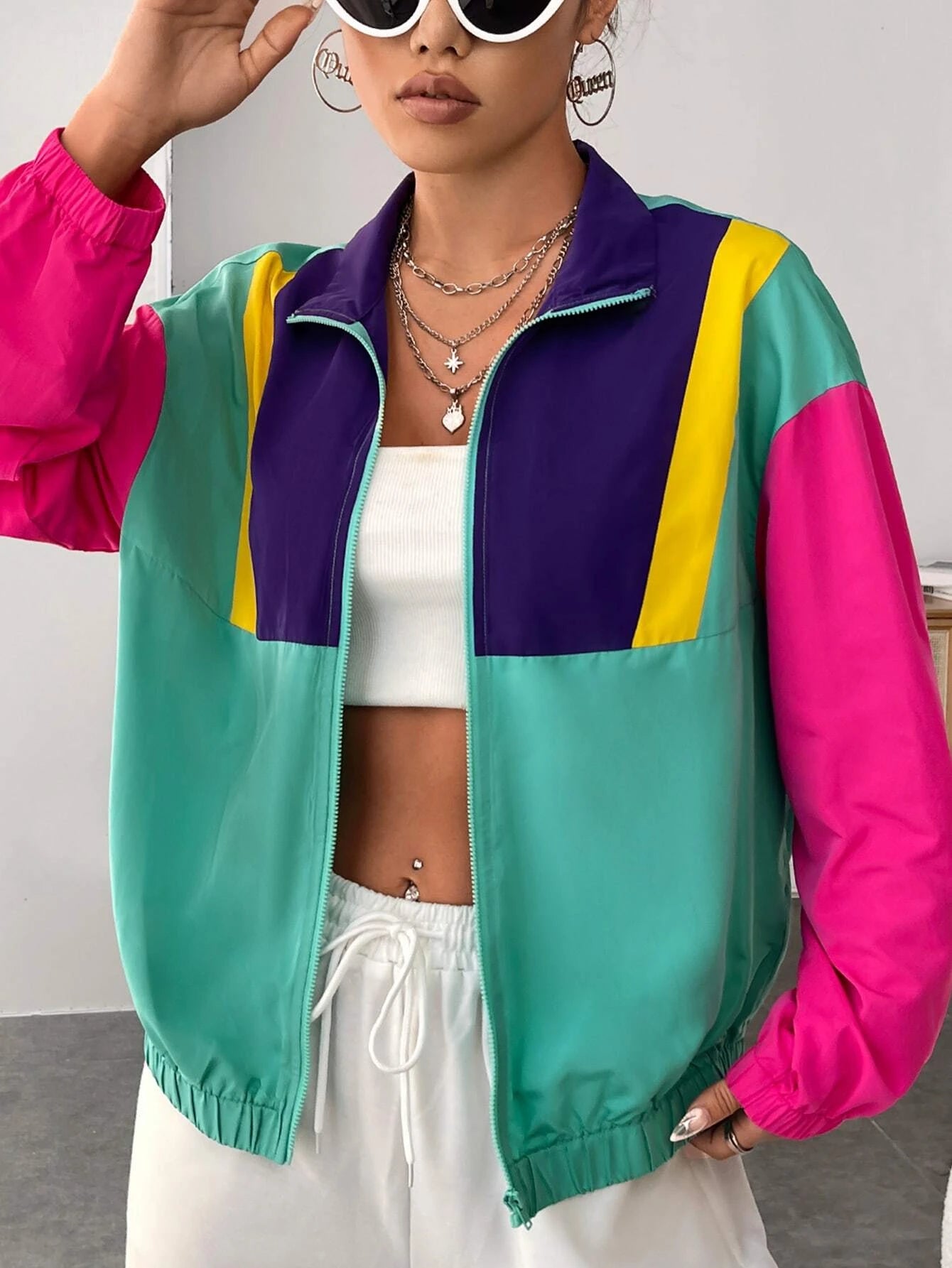 EZwear Colorblock Zip Up Drop Shoulder Jacket