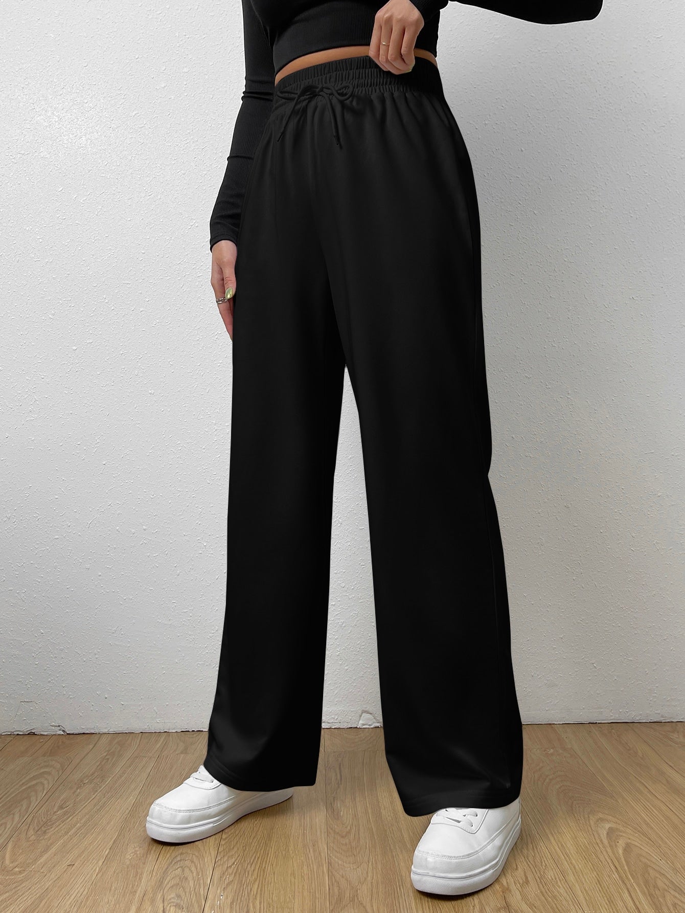 EZwear Elastic Waist Tie Front Straight Leg Pants