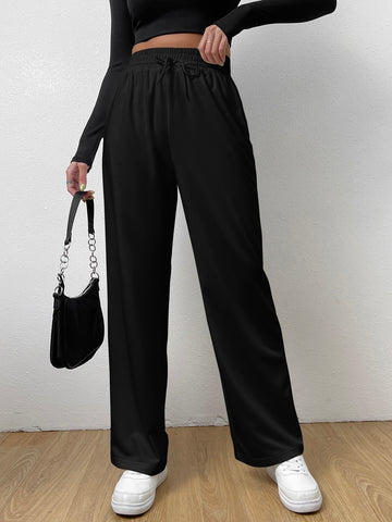 EZwear Elastic Waist Tie Front Straight Leg Pants