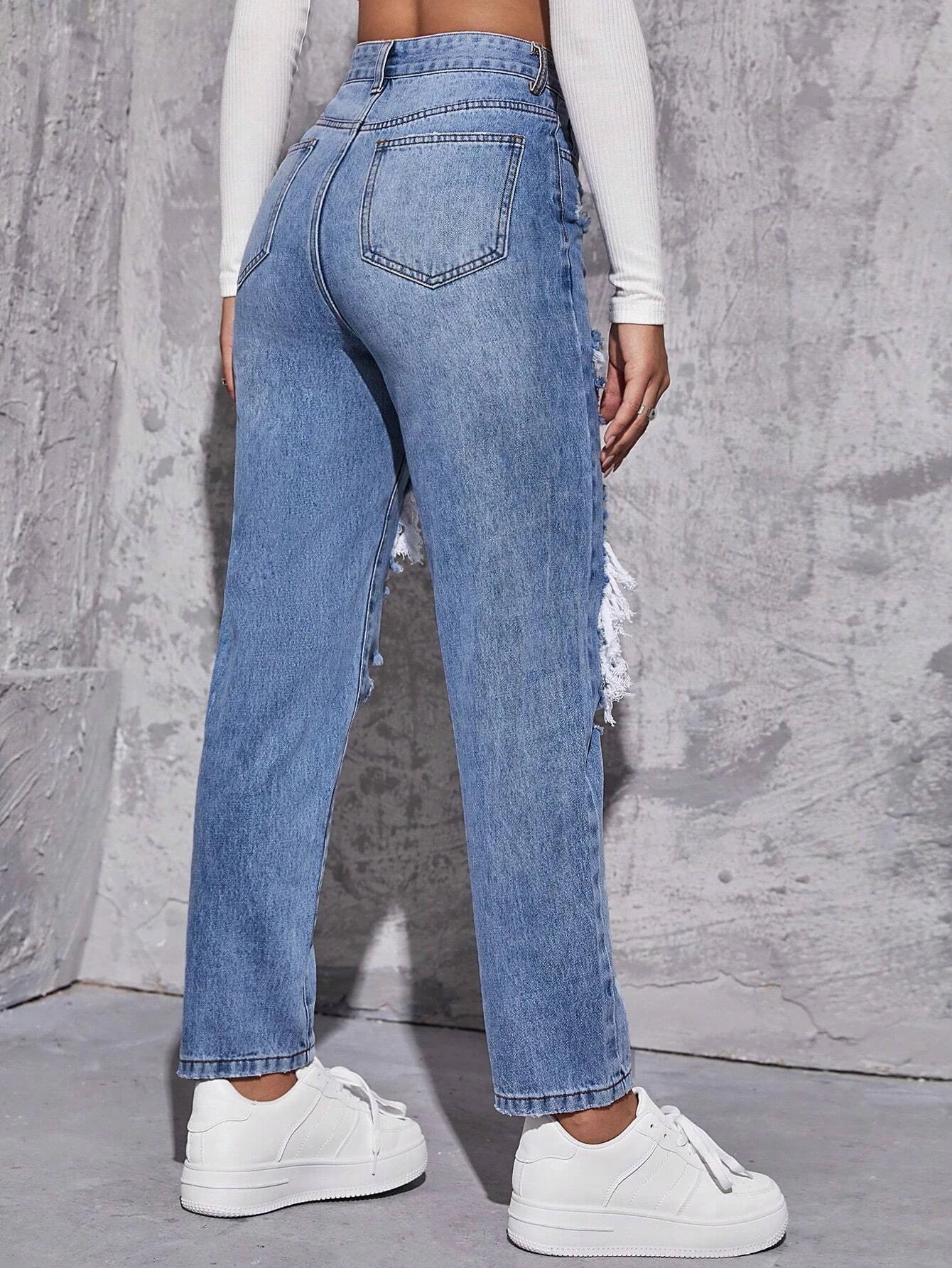 EZwear High Waist Ripped Mom Fit Jeans