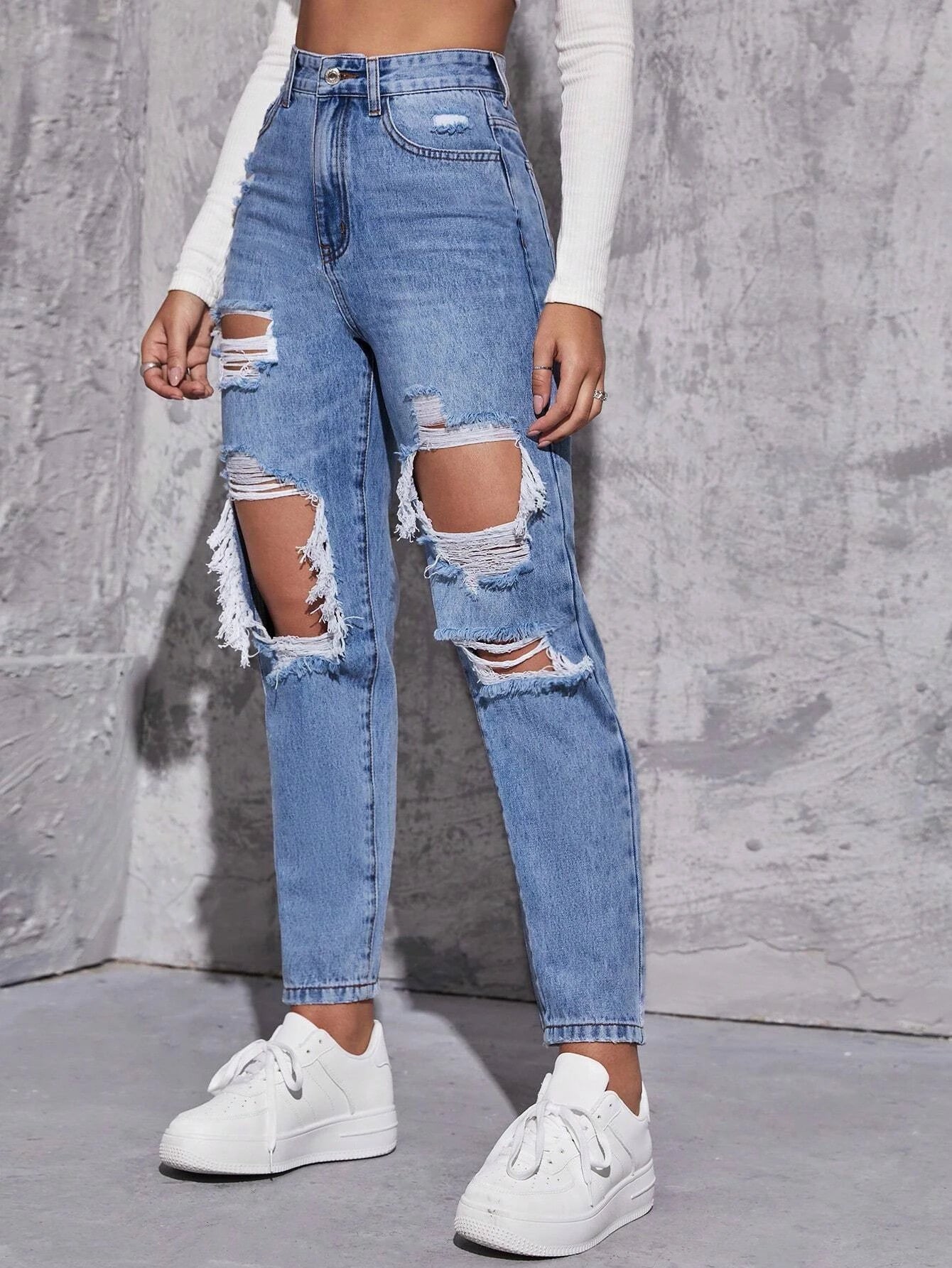 EZwear High Waist Ripped Mom Fit Jeans