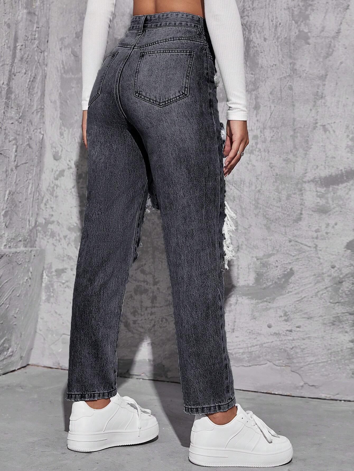 EZwear High Waist Ripped Mom Fit Jeans