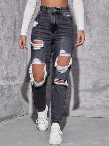 EZwear High Waist Ripped Mom Fit Jeans