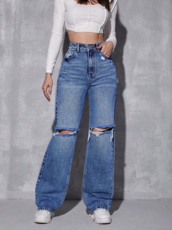 EZwear High Waist Ripped Straight Leg Jeans