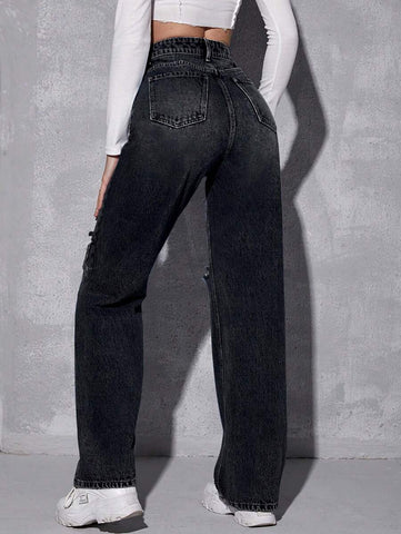 EZwear High Waist Ripped Straight Leg Jeans