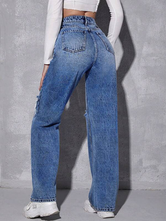 EZwear High Waist Ripped Straight Leg Jeans