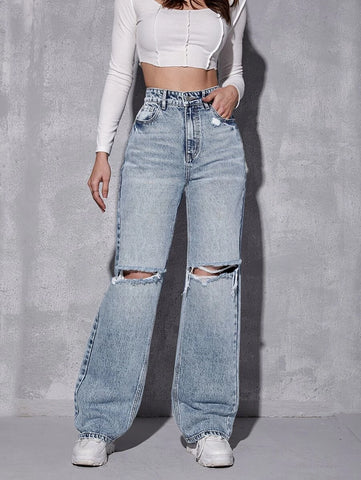 EZwear High Waist Ripped Straight Leg Jeans