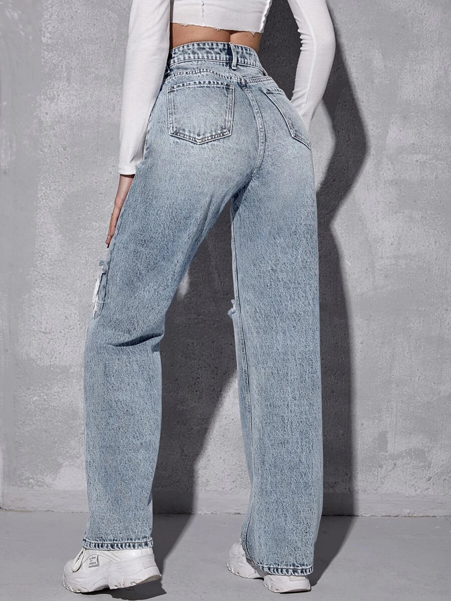 EZwear High Waist Ripped Straight Leg Jeans