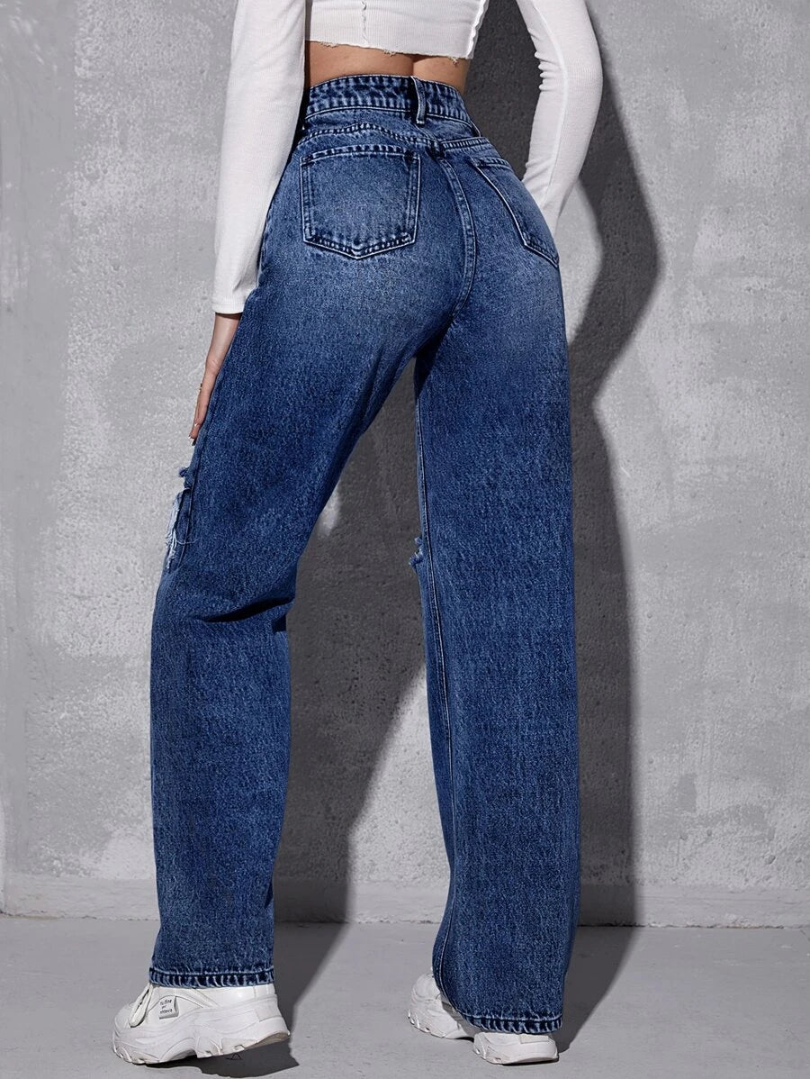 EZwear High Waist Ripped Straight Leg Jeans